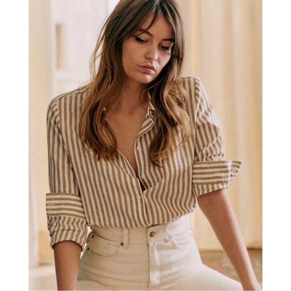 Sezane Tops - SEZANE Camel Tan & White Ecru Linen Cotton Striped Button Down Tomboy Shirt